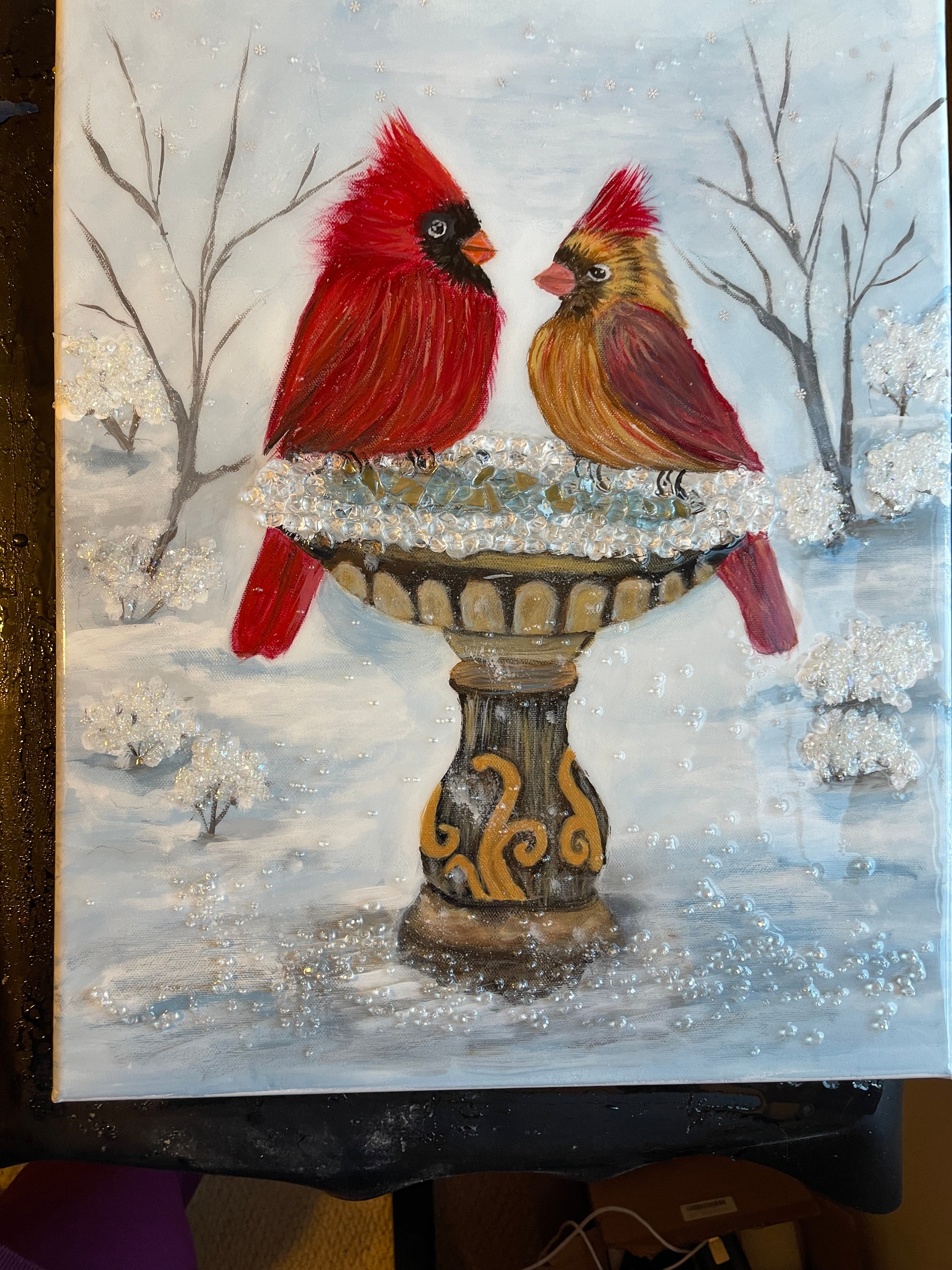 cardinals on birdbath
