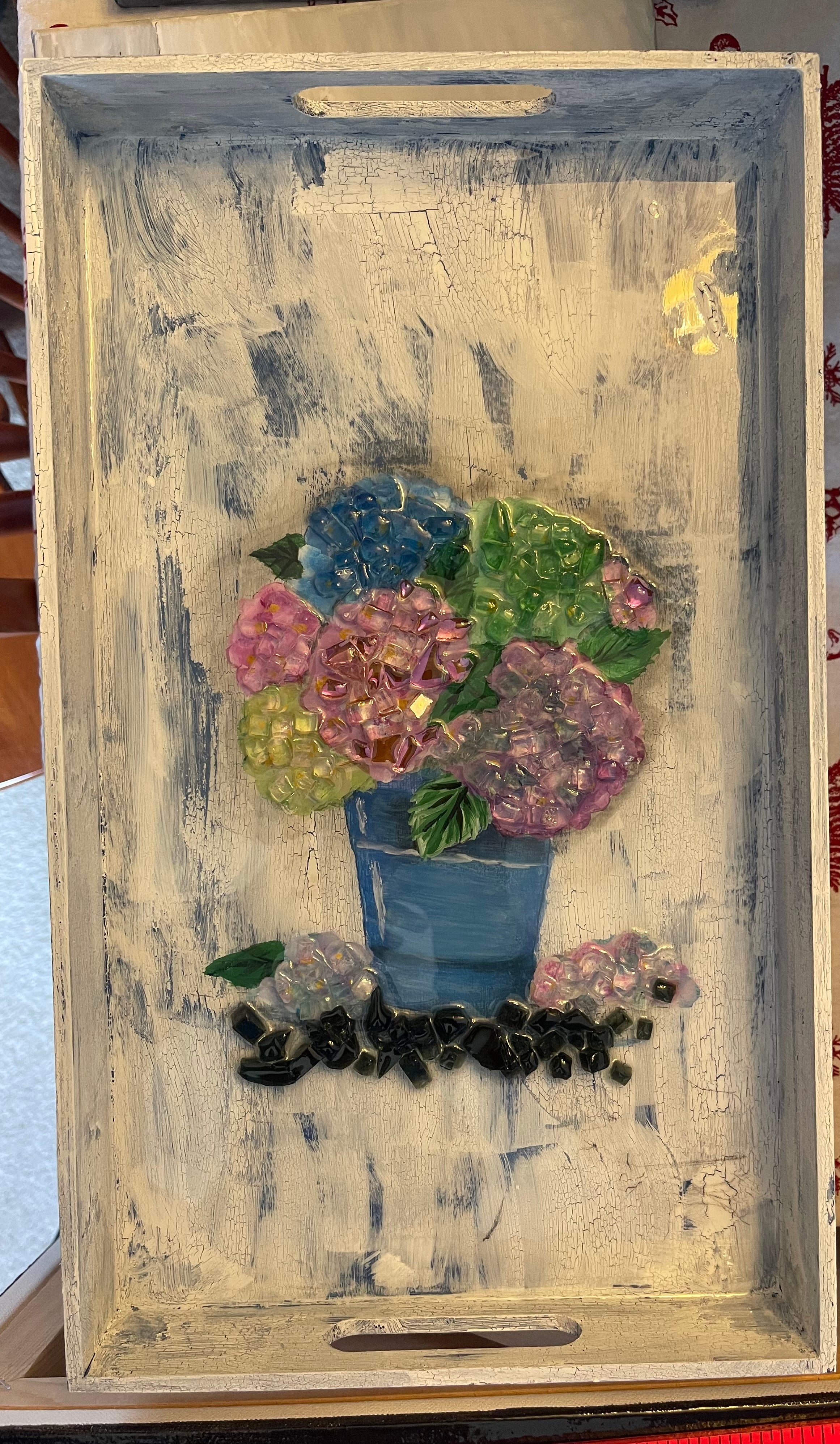 hydrangeas on wood tray
